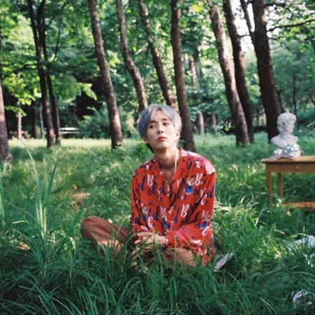 Holland sitting in the woods